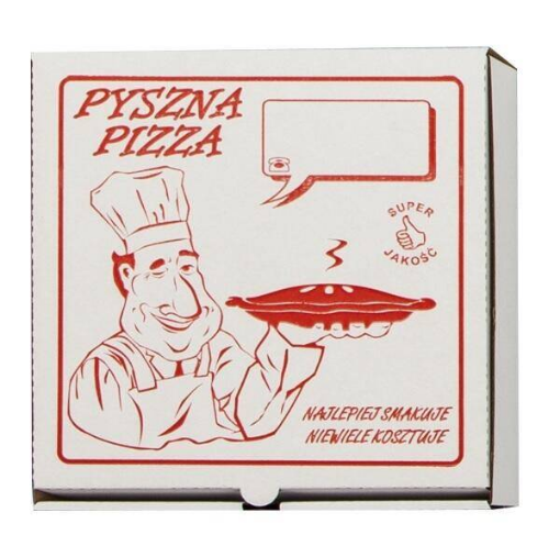 Obrazek Pudełko na pizzę "Pyszna Pizza" 28x28x4 białe kwadratowe 100 sztuk